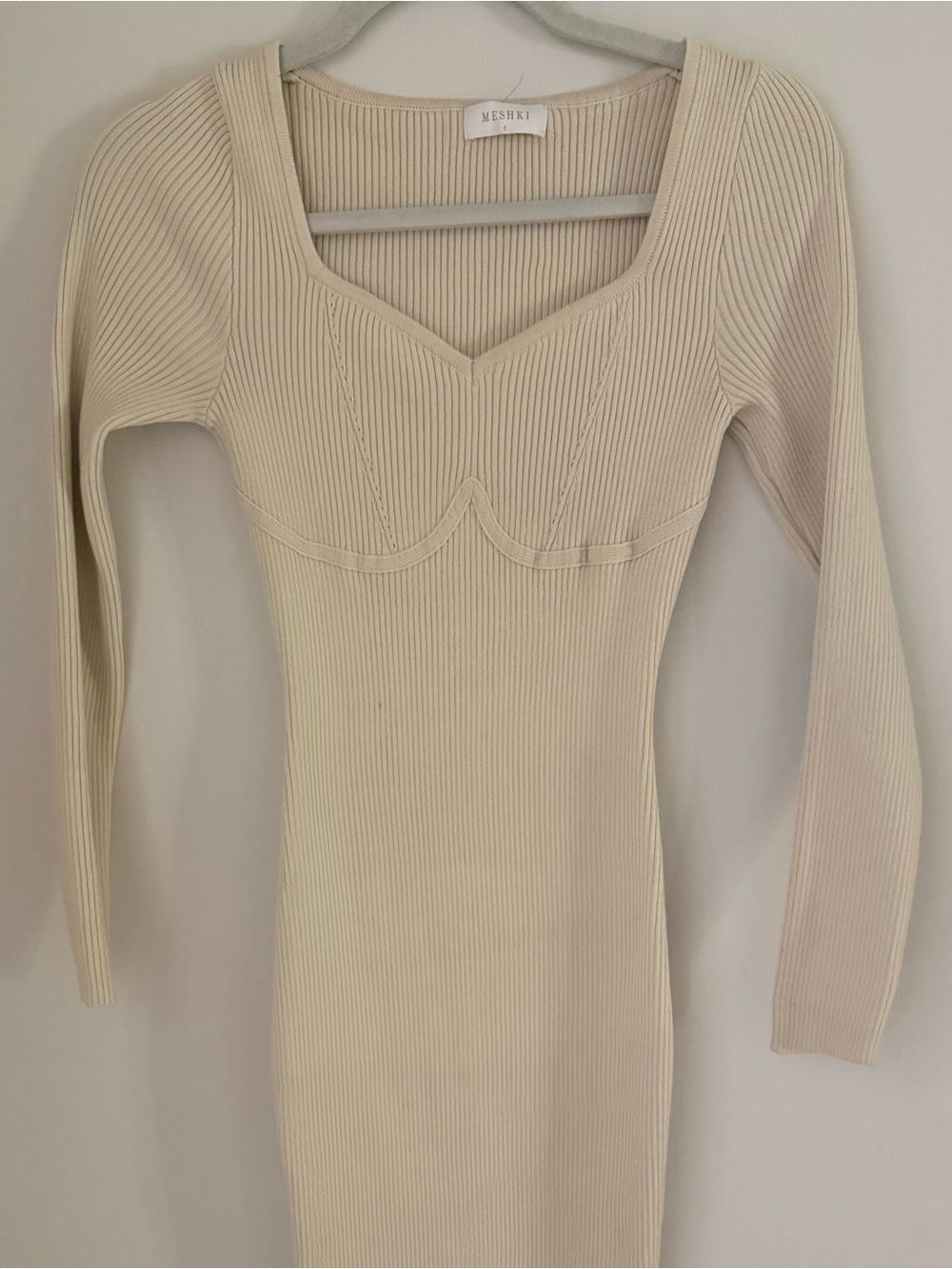 Meshki Cream Ribbed Long Sleeve Bodycon Dress with Sculpted Bust